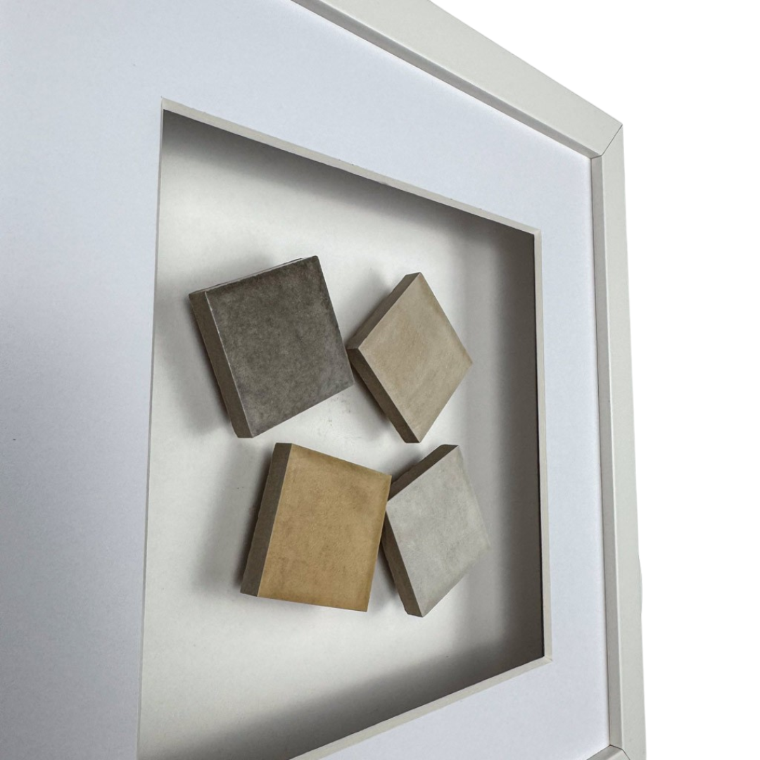 Seitenansicht Wandbild SPECIAL EDITION Terre Panels 27cm – Tiefe und Volumen der Betonreliefs, handgefertigt Made in Germany, weißer Rahmen Quadratwerk