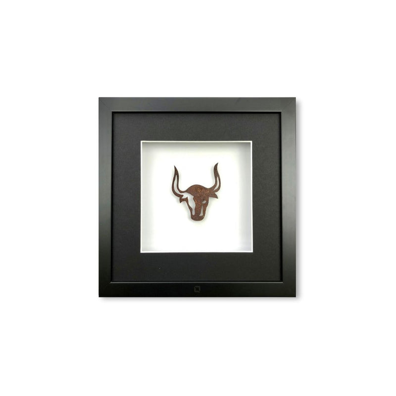 Quadratwerk Wandbild Urban Rust The Bull 27cm - Rahmen Schwarz, Hintergrund Weiß, Passepartout Schwarz/Weiß