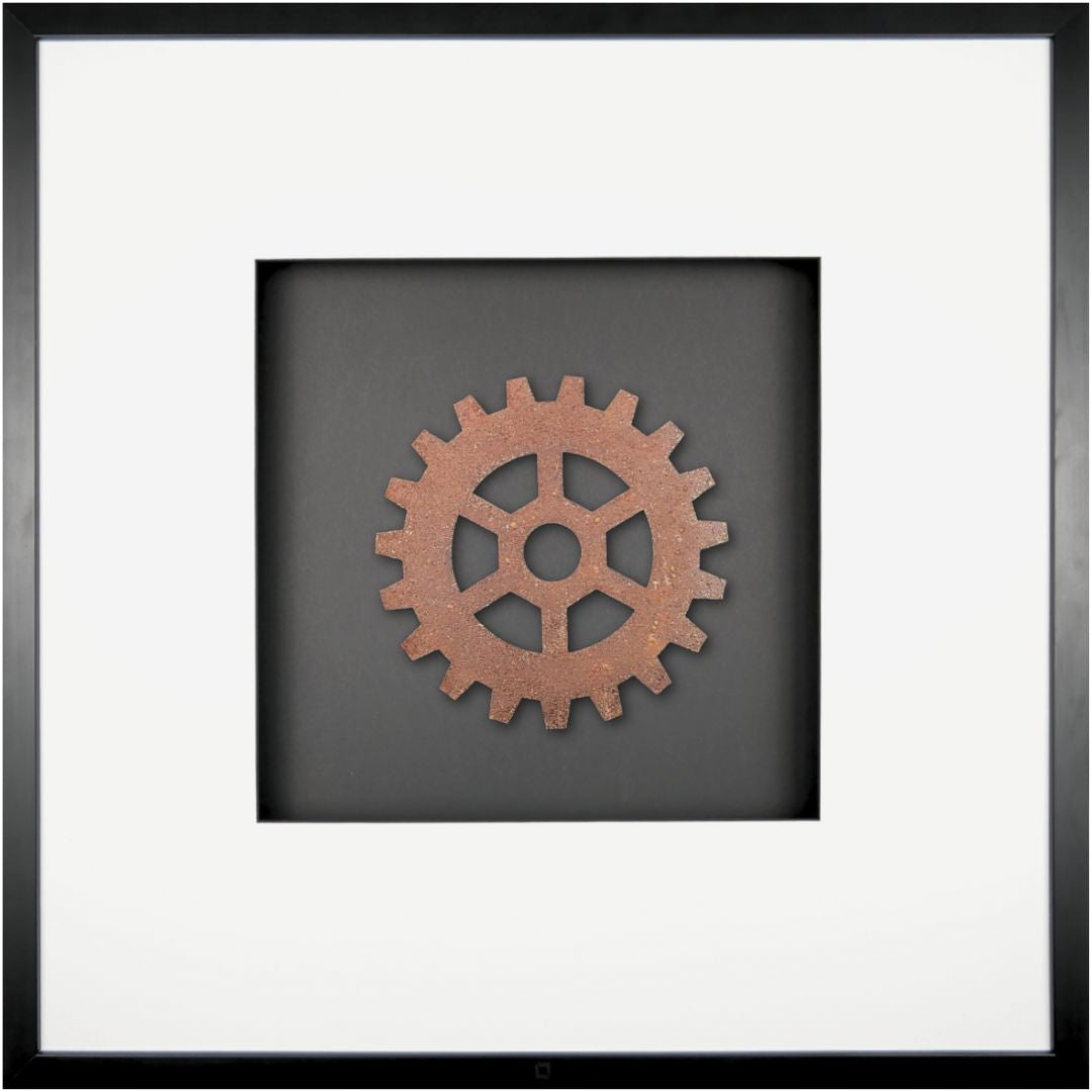 Quadratwerk Wandbild Urban Rust Gear 58cm - Rahmen Schwarz, Hintergrund Schwarz, Passepartout Weiß/Schwarz
