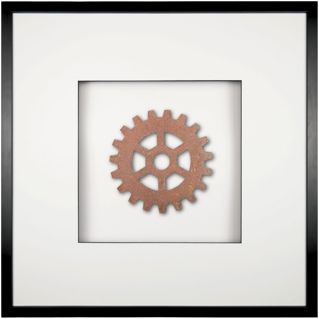 Quadratwerk Wandbild Urban Rust Gear 58cm - Rahmen Schwarz, Hintergrund Weiß, Passepartout Weiß/Schwarz