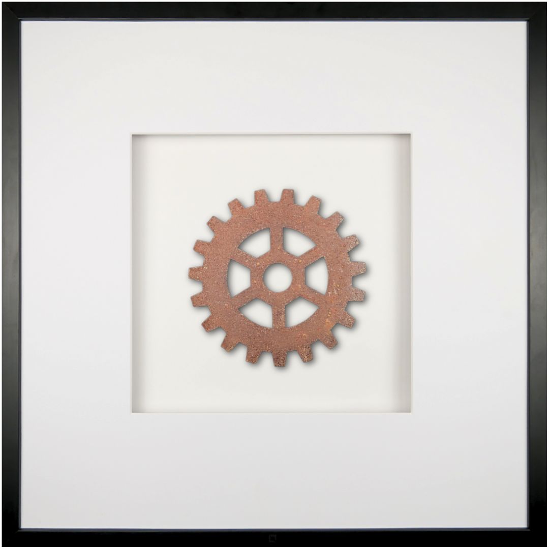 Quadratwerk Wandbild Urban Rust Gear 58cm - Rahmen Schwarz, Hintergrund Weiß, Passepartout Weiß/Weiß