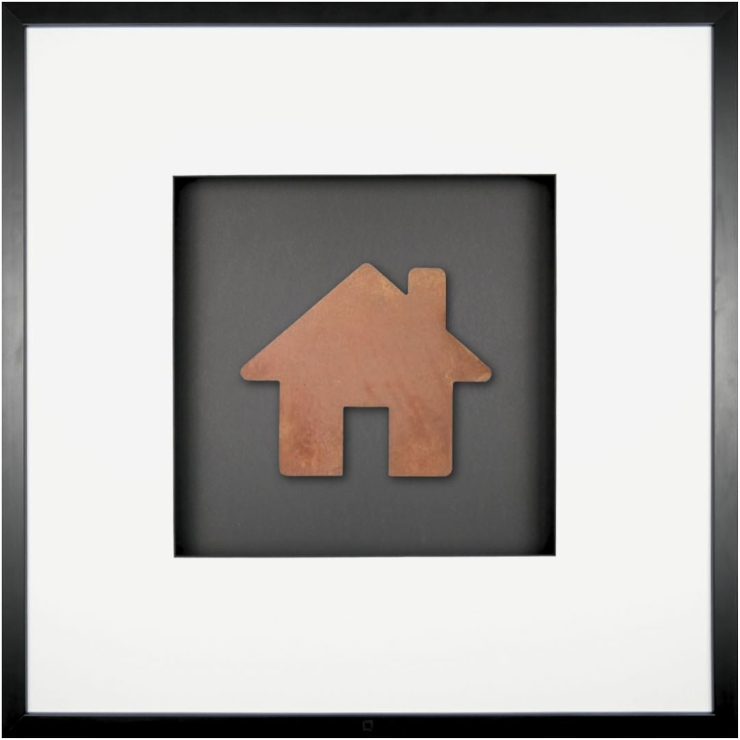 Quadratwerk Wandbild Urban Rust Haus 58cm - Rahmen Schwarz, Hintergrund Schwarz, Passepartout Weiß/Schwarz